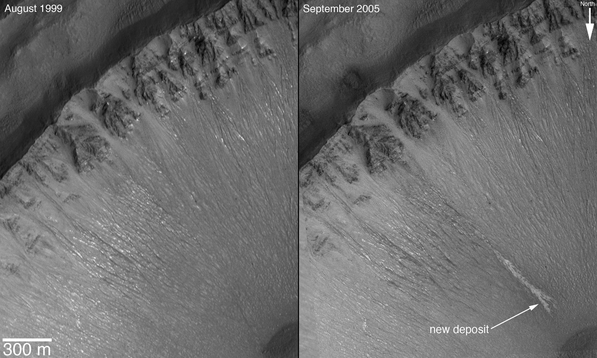 Dépôts clairs signalant un écoulement d\'eau sur Mars