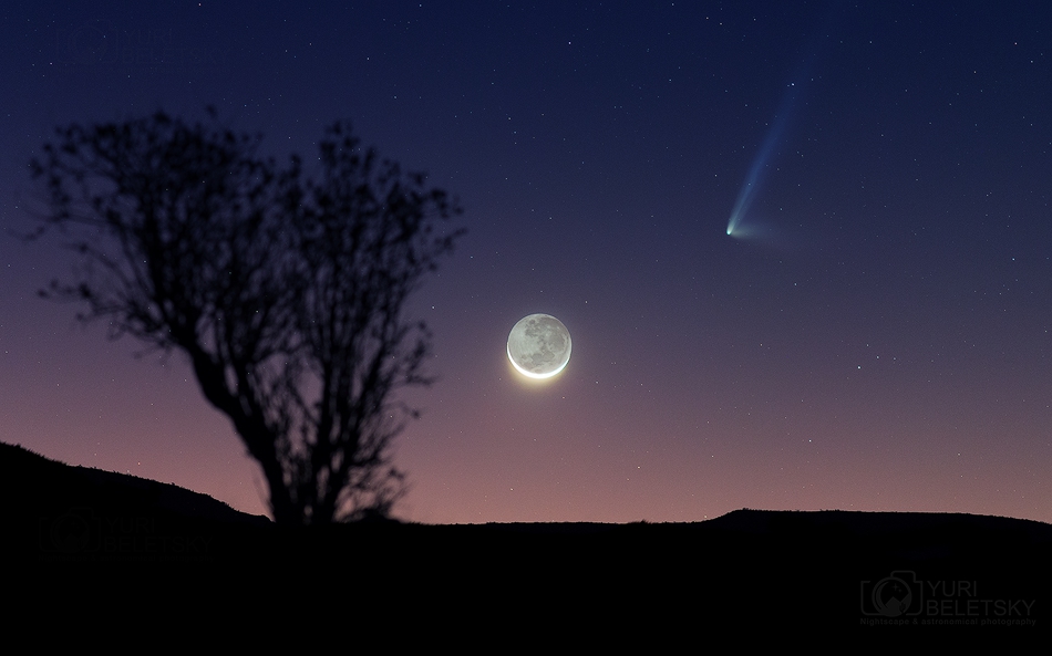 Comète surprise et croissant de Lune