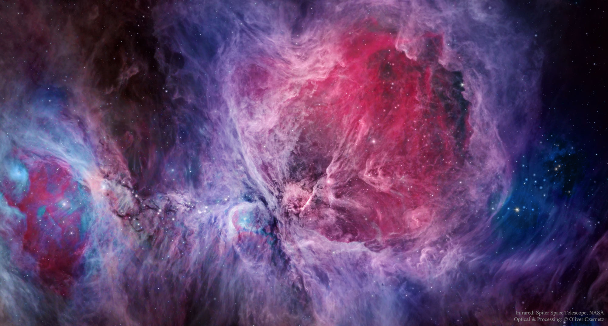 La nébuleuse d\'Orion dans le visible et l\'infrarouge
