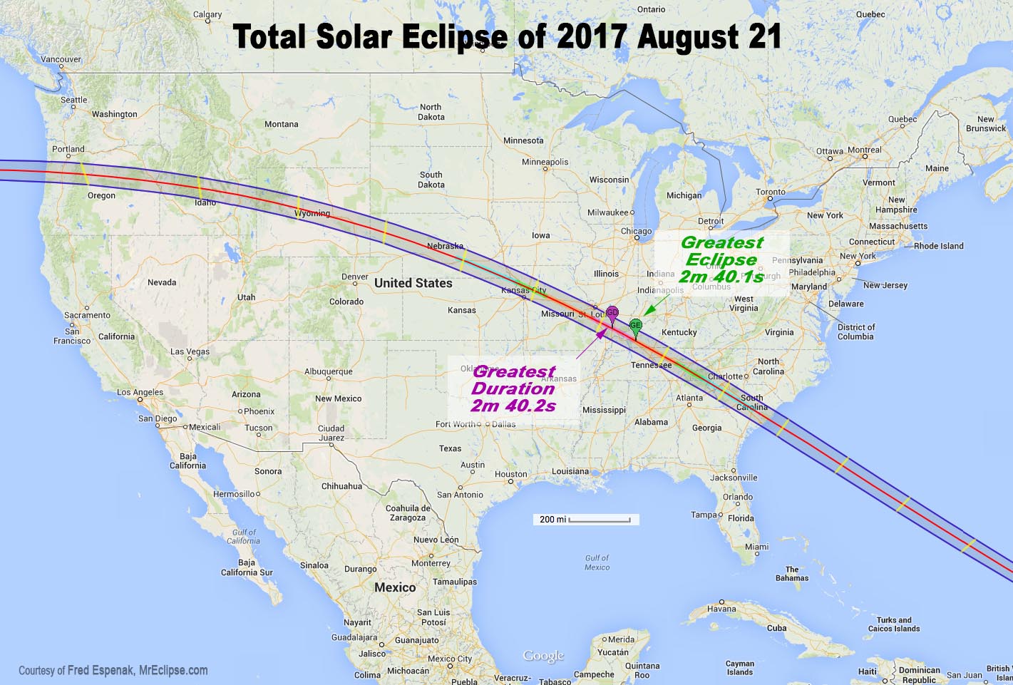 Plan de la bande de totalité de l\'éclipse solaire totale d\'août 2017