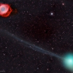 La comète PanSTARRS et la nébuleuse Helix - Vue depuis la Terre, l'orbite de la comète C/2013 X1 PanSTARRS l'amenait à proximité de la nébuleuse de l'Hélice dans notre ciel