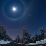 Quadruple halo lunaire sur une route d'hiver