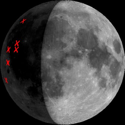 Lune meurtrie - Pendant la pluie de météorites des Léonides de 1999, on a pu confirmer l\'observation de six impacts dans la partie non éclairée de la Lune