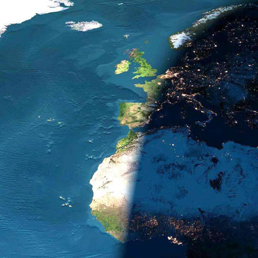Un coucher de Soleil numérique au-dessus de l\'Europe et de l\'Afrique