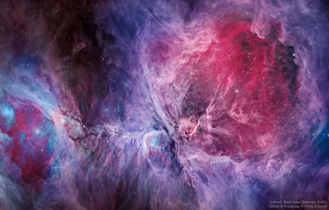 La nébuleuse d\'Orion dans le visible et l\'infrarouge