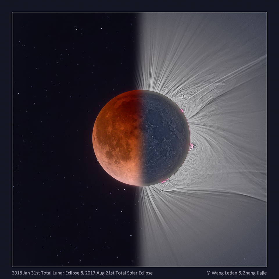 Eclipse duale - Un montage pour comparer notre vision de deux éclipses, celle de Lune et celle du Soleil, quand la Lune est rouge et quand la couronne solaire devient visible