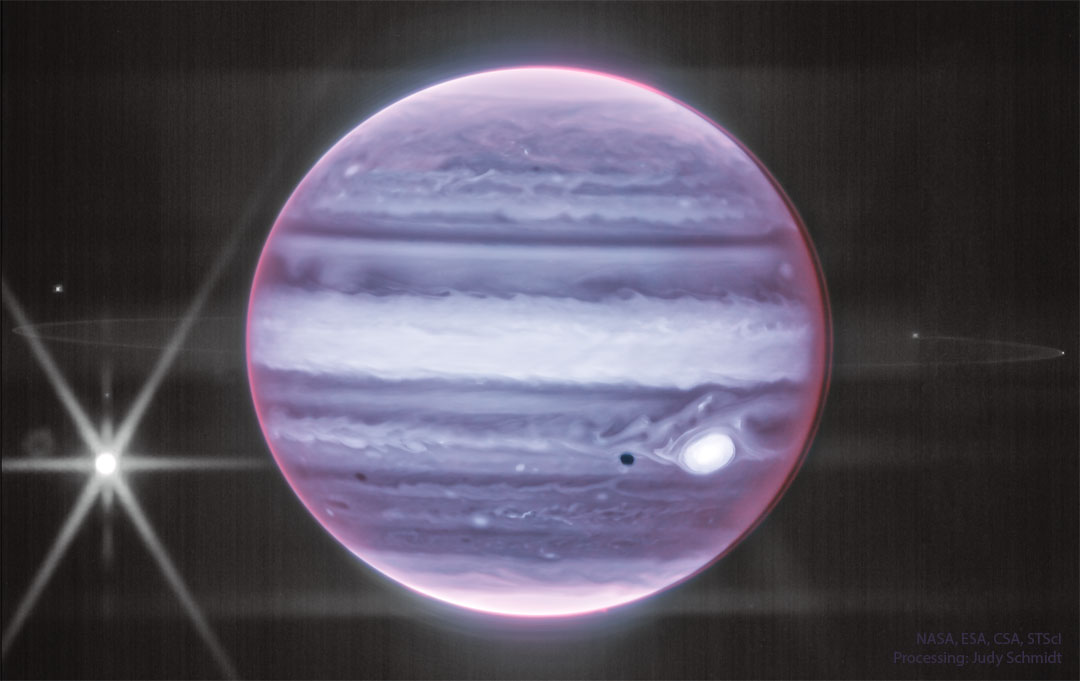Jupiter et son anneau dans l\'infrarouge par James Webb
