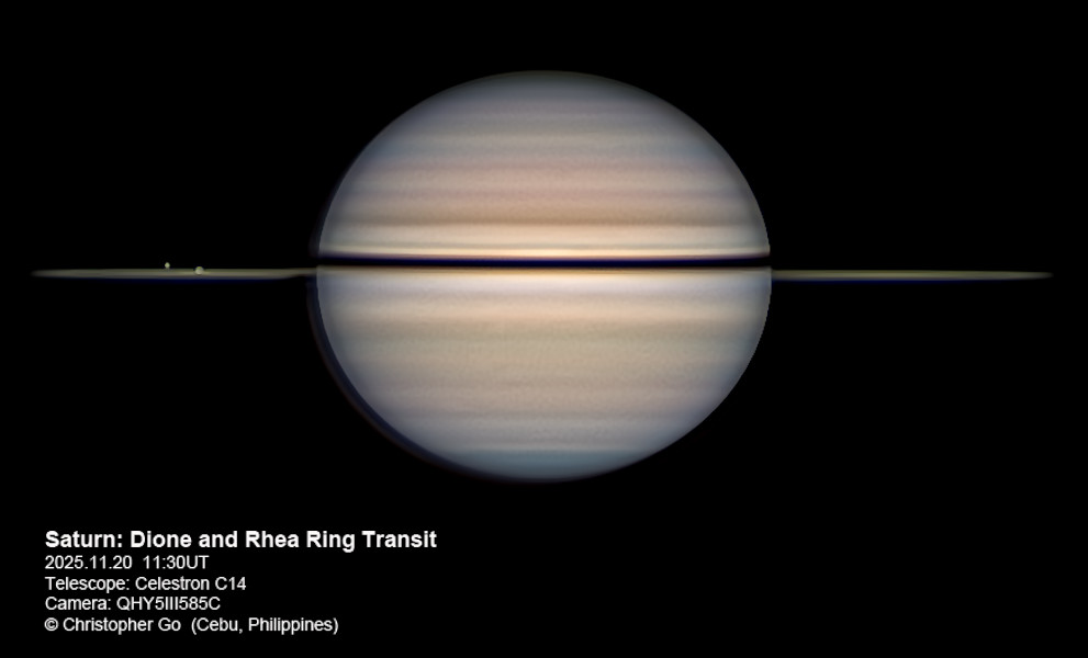 Dioné et Rhéa transitent devant les anneaux de Saturne